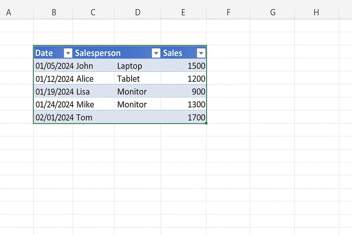 Excel data range converted into an Excel Table with table formatting applied