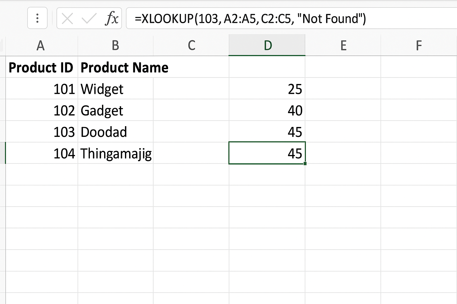 Excel worksheet showing XLOOKUP formula retrieving price for product ID 103