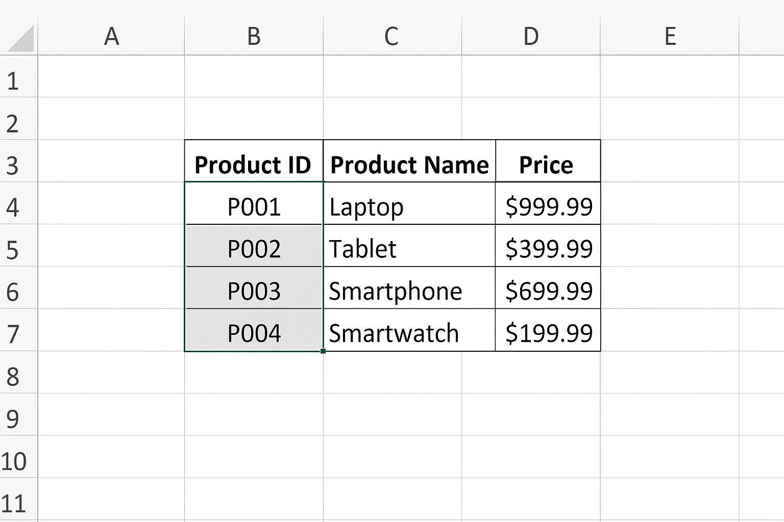 Excel worksheet highlighting the lookup array range