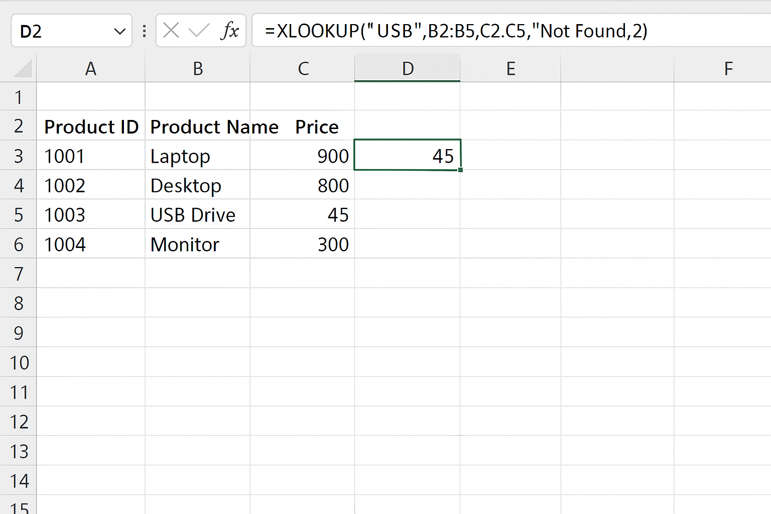 Excel worksheet showing XLOOKUP formula using wildcards to find product price