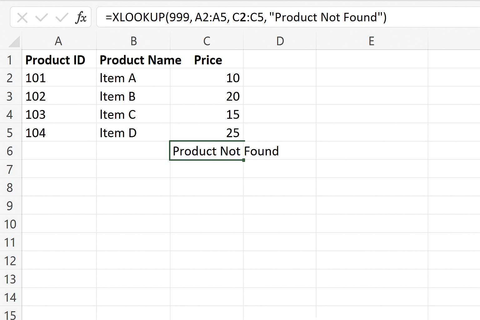 Excel worksheet showing XLOOKUP formula handling error with custom message