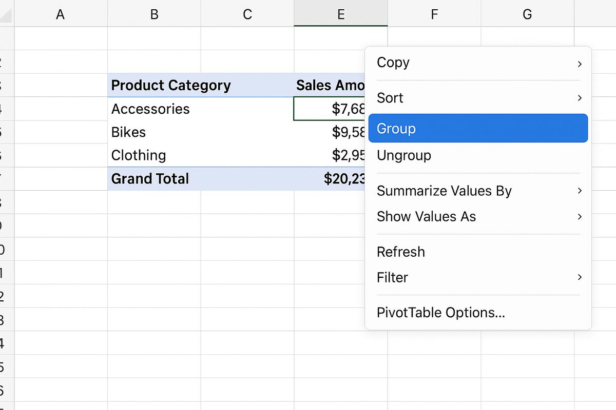 Pivot table with Product Category in rows and Sales Amount in values, right-click on sales amount to group