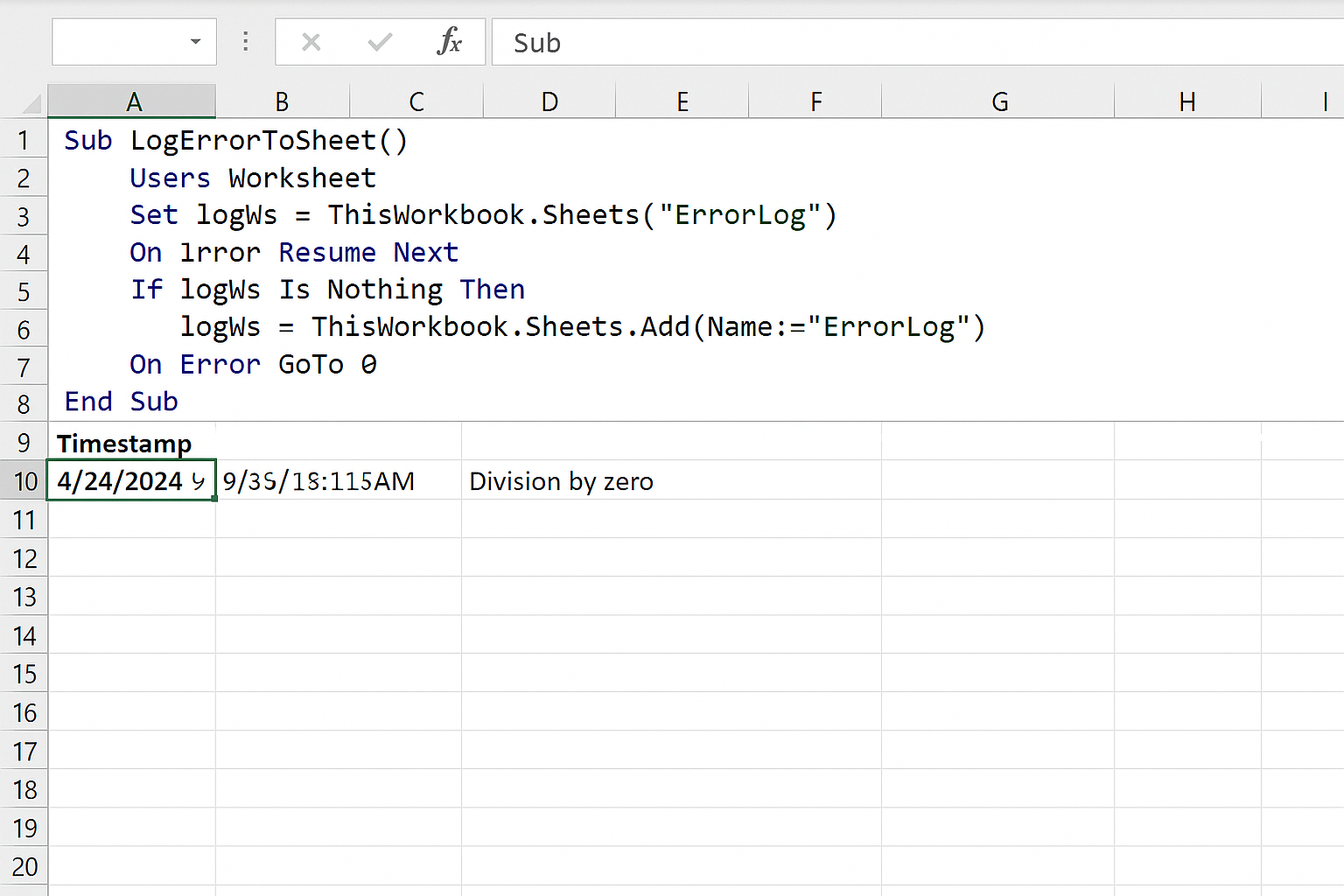 Excel VBA editor showing code that logs errors to a worksheet named ErrorLog