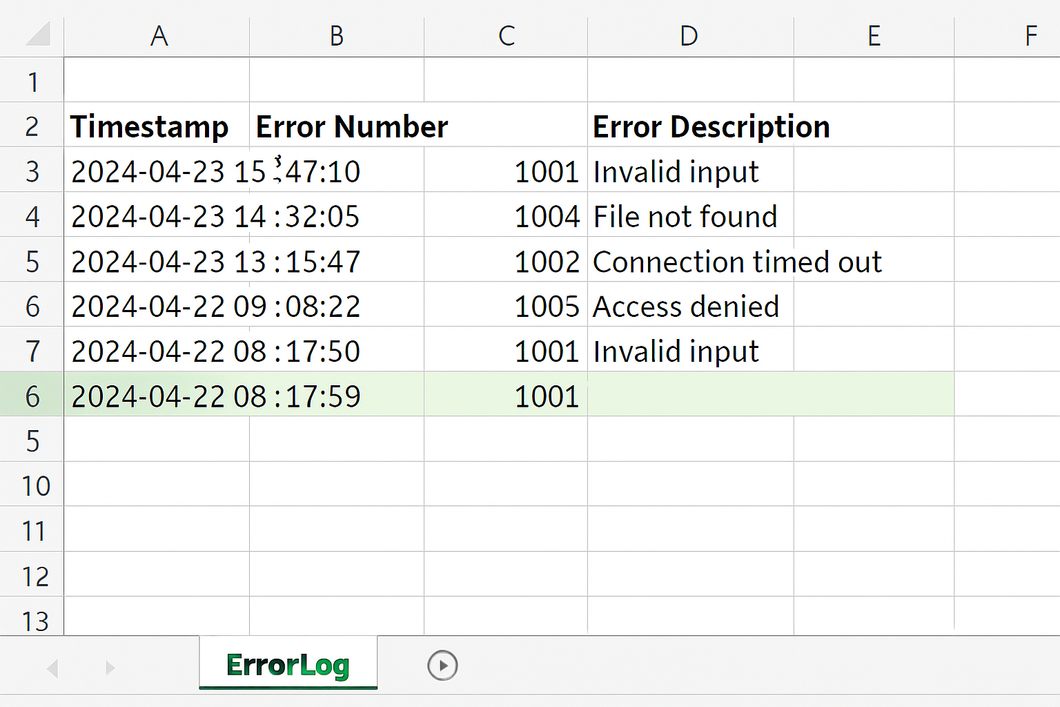Excel worksheet named ErrorLog showing error log entries with timestamps and error details