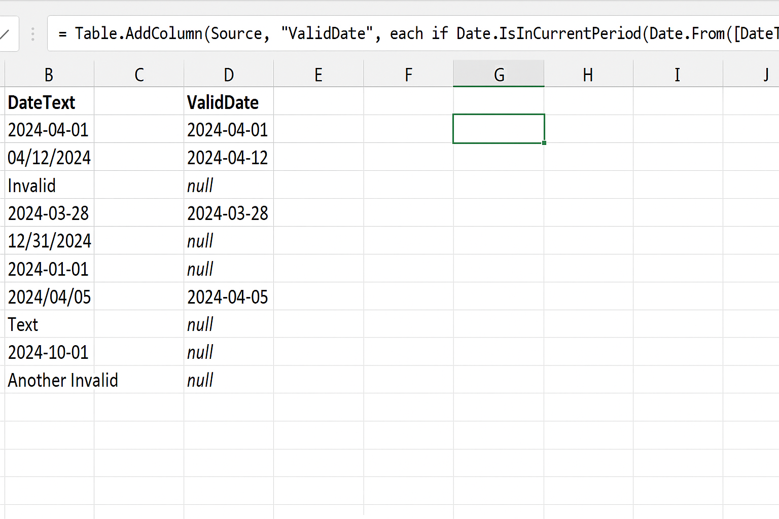 Power Query editor showing a new column ValidDate with conditional date conversion and nulls for invalid dates