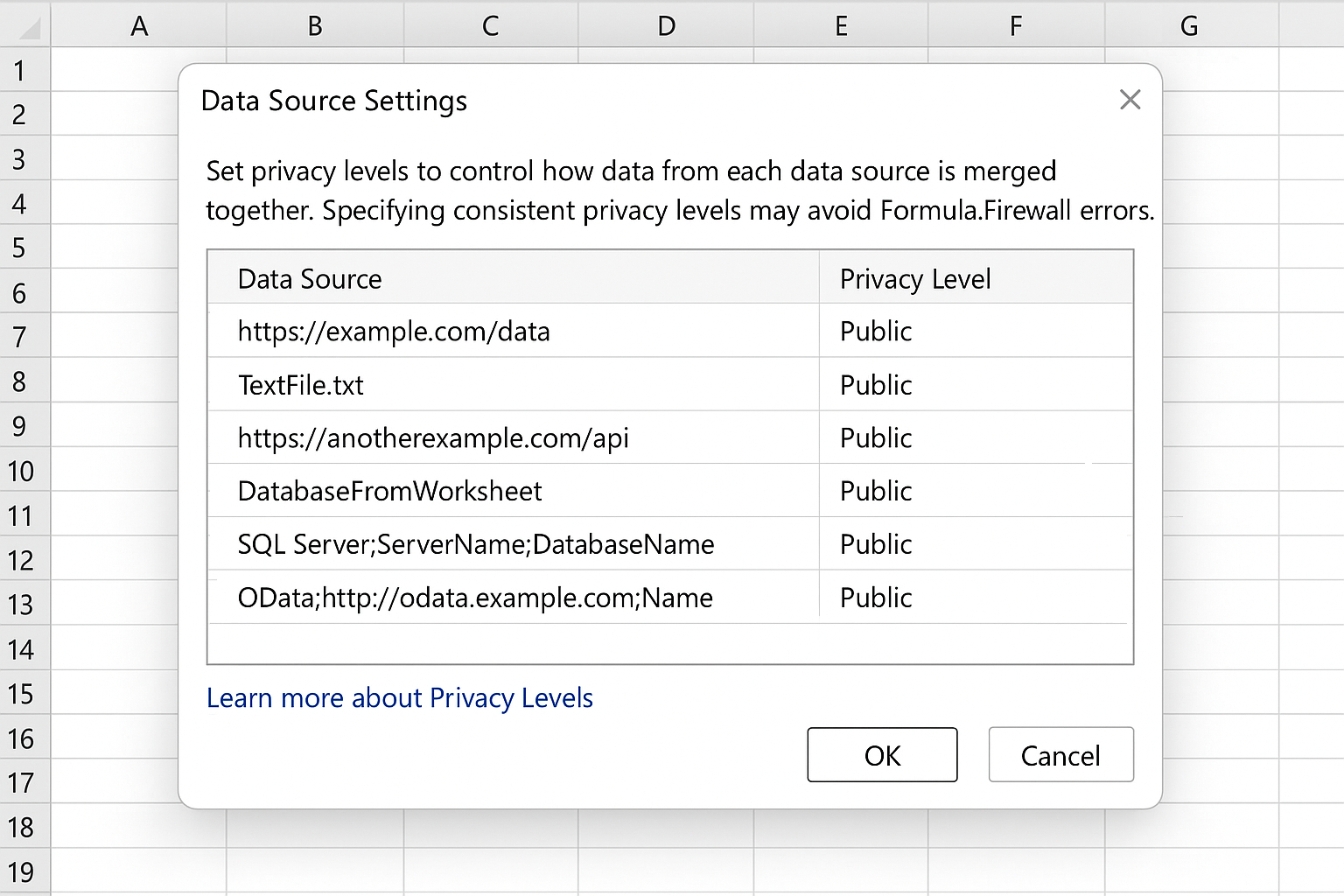 Power Query Data Source Settings dialog showing privacy levels set uniformly for multiple data sources