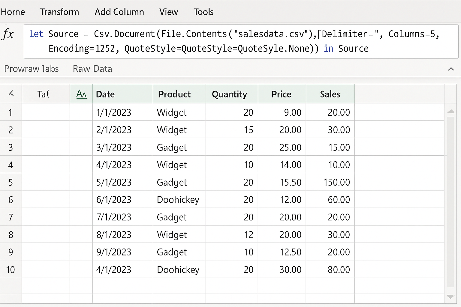 Power Query editor showing the loaded CSV data from salesdata.csv file