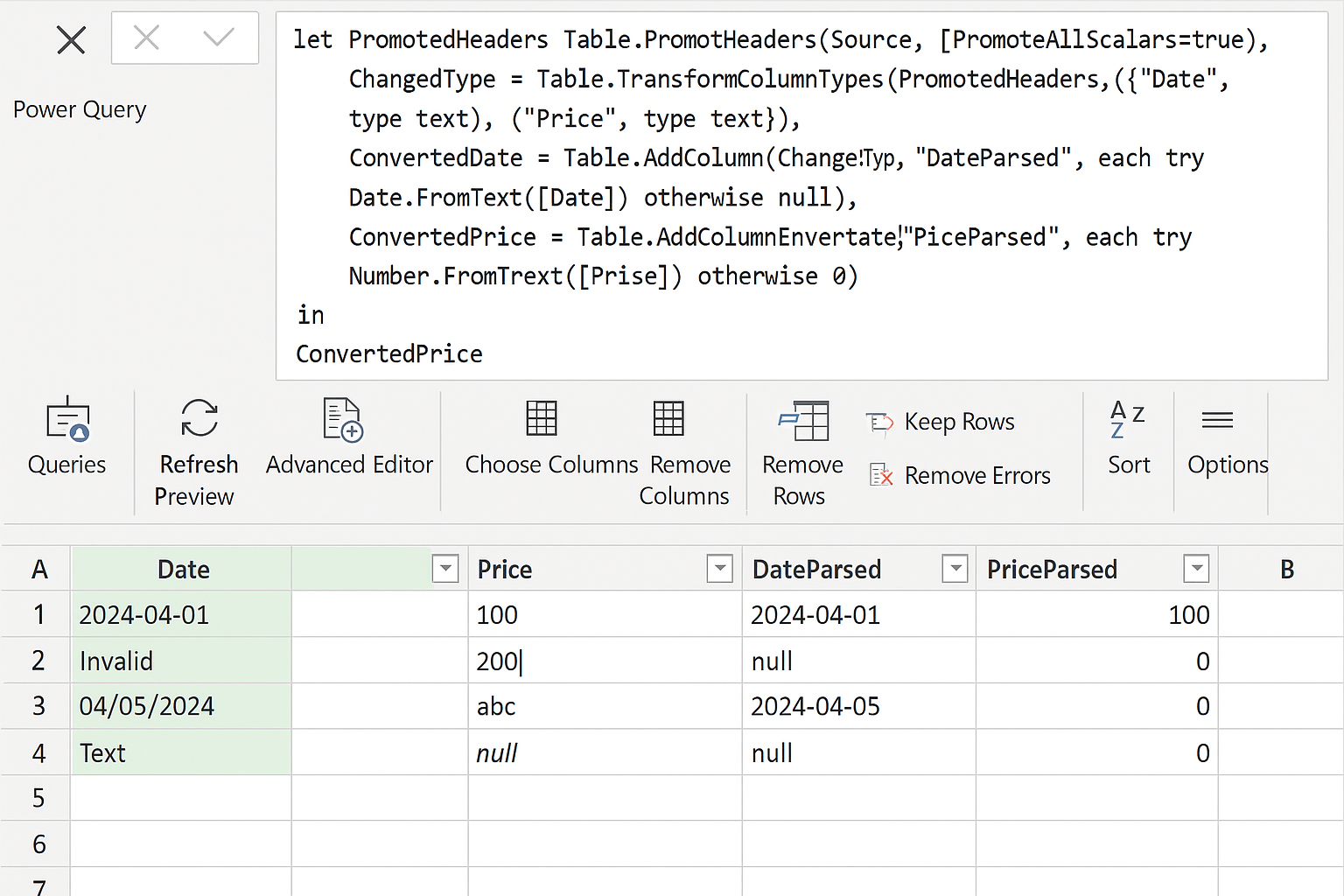 Power Query editor showing promoted headers and added columns with error-handled date and price parsing