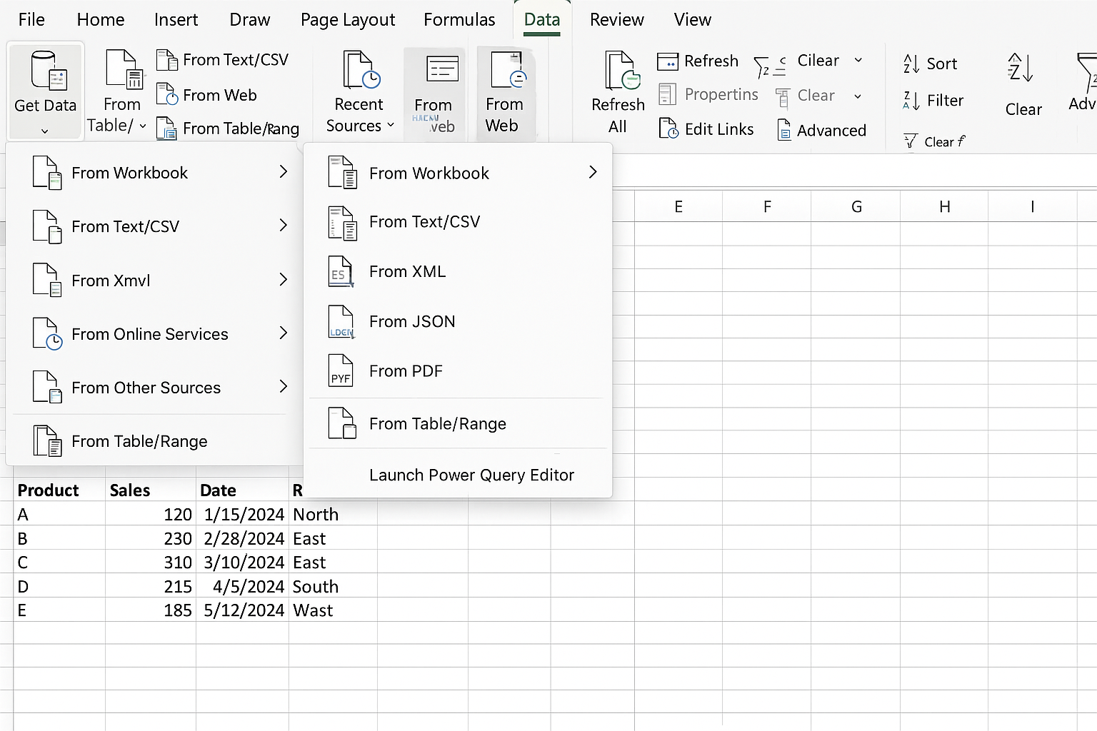 Excel worksheet with the Data tab active and the Get Data dropdown menu expanded