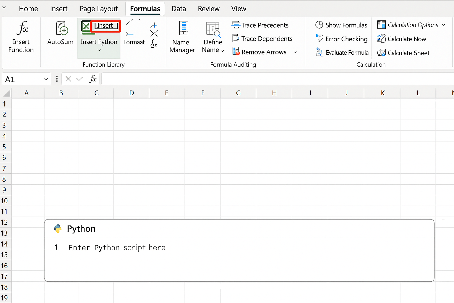 Excel worksheet with the Formulas tab active and Insert Python option selected