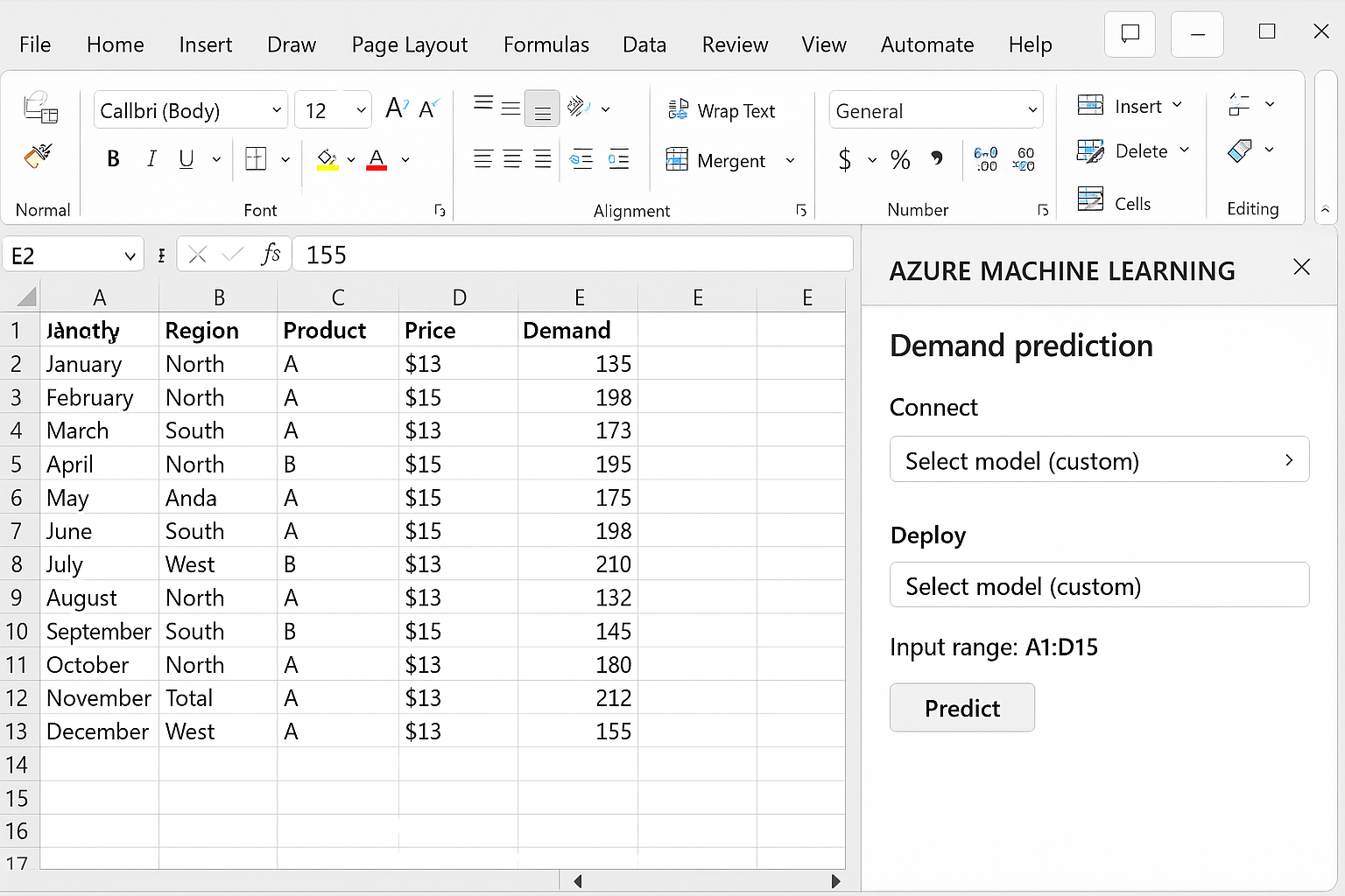 Excel worksheet with data and a pane showing Azure Machine Learning integration options