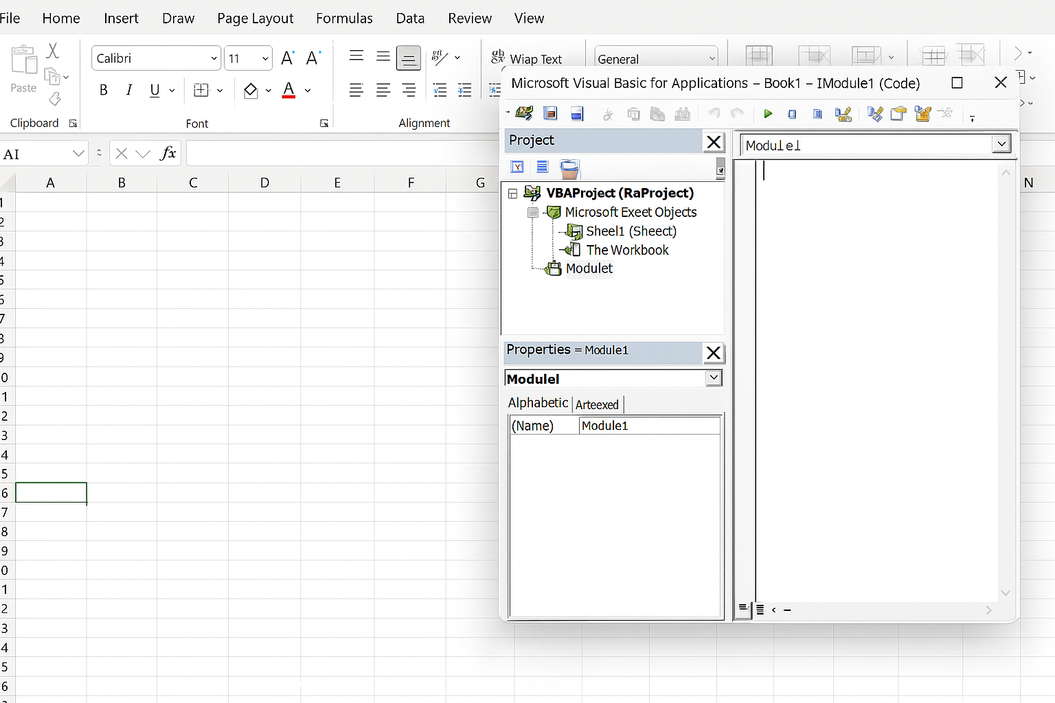 Excel window with VBA Editor opened after pressing Alt + F11