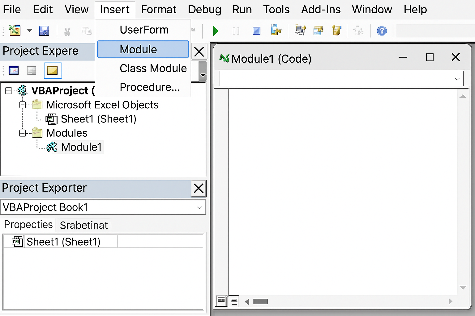 VBA Editor with Insert menu open and Module option highlighted