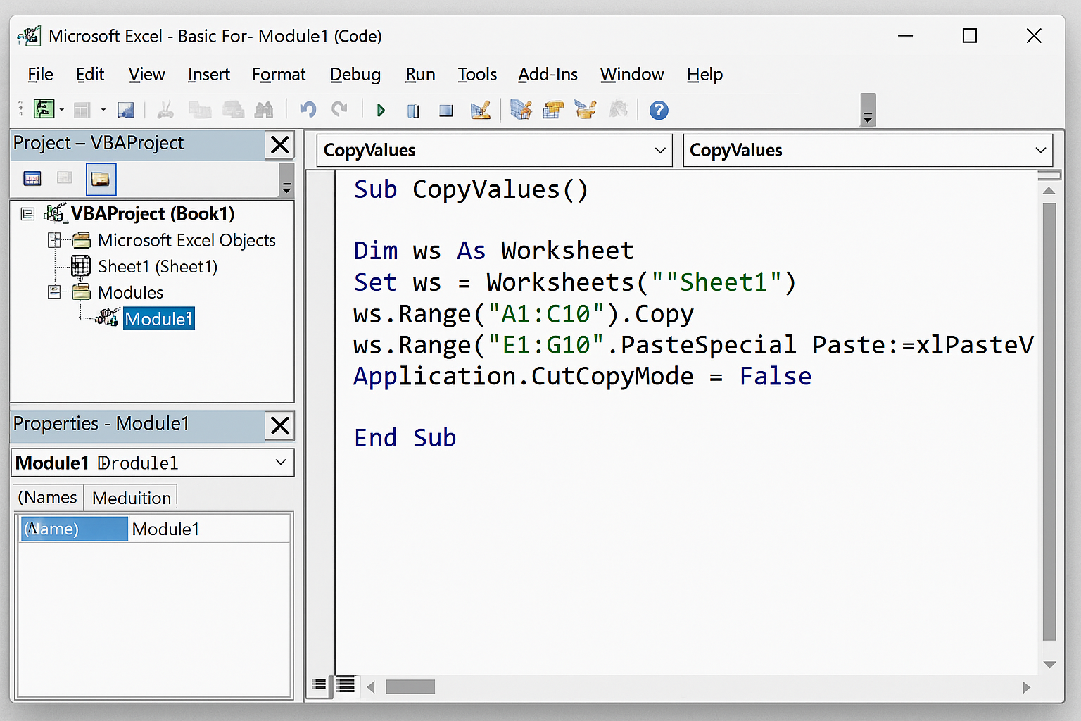 VBA Editor showing a module with VBA code pasted inside