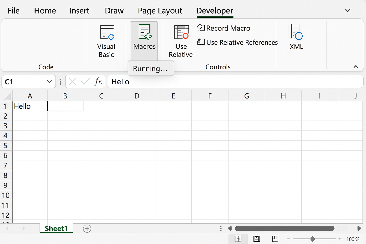 VBA Editor with Run button highlighted and macro running