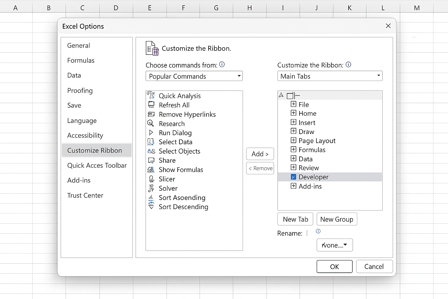 Excel Options window open on Customize Ribbon with Developer checkbox checked