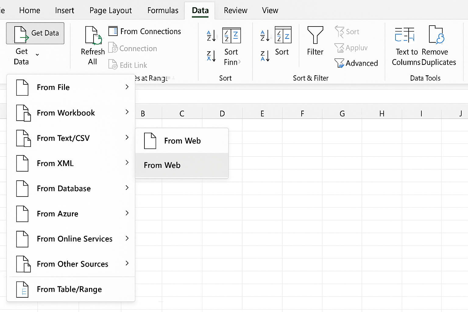 Excel Data tab with Get Data menu open showing data source options