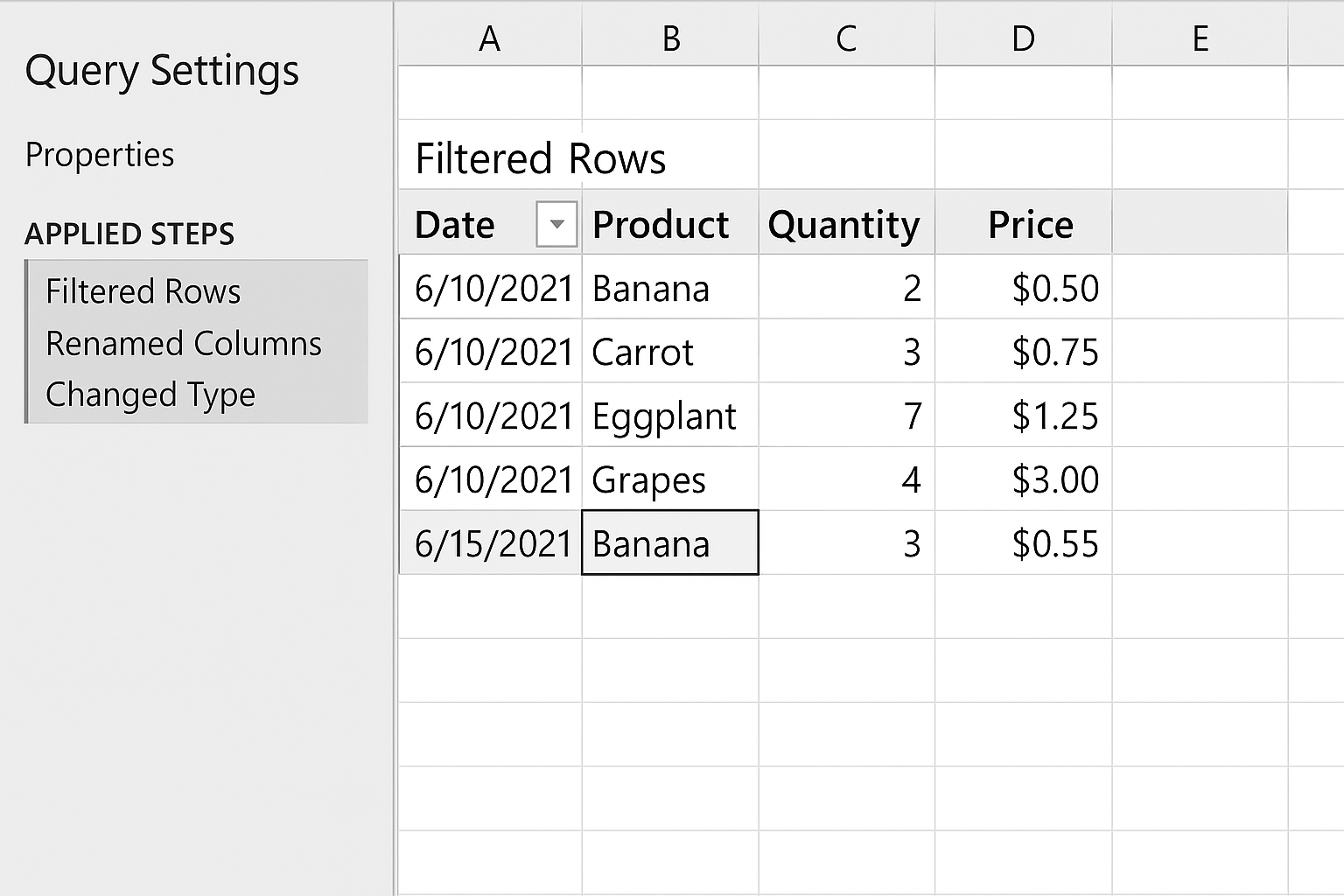Power Query Editor window showing a table with applied filters and renamed columns