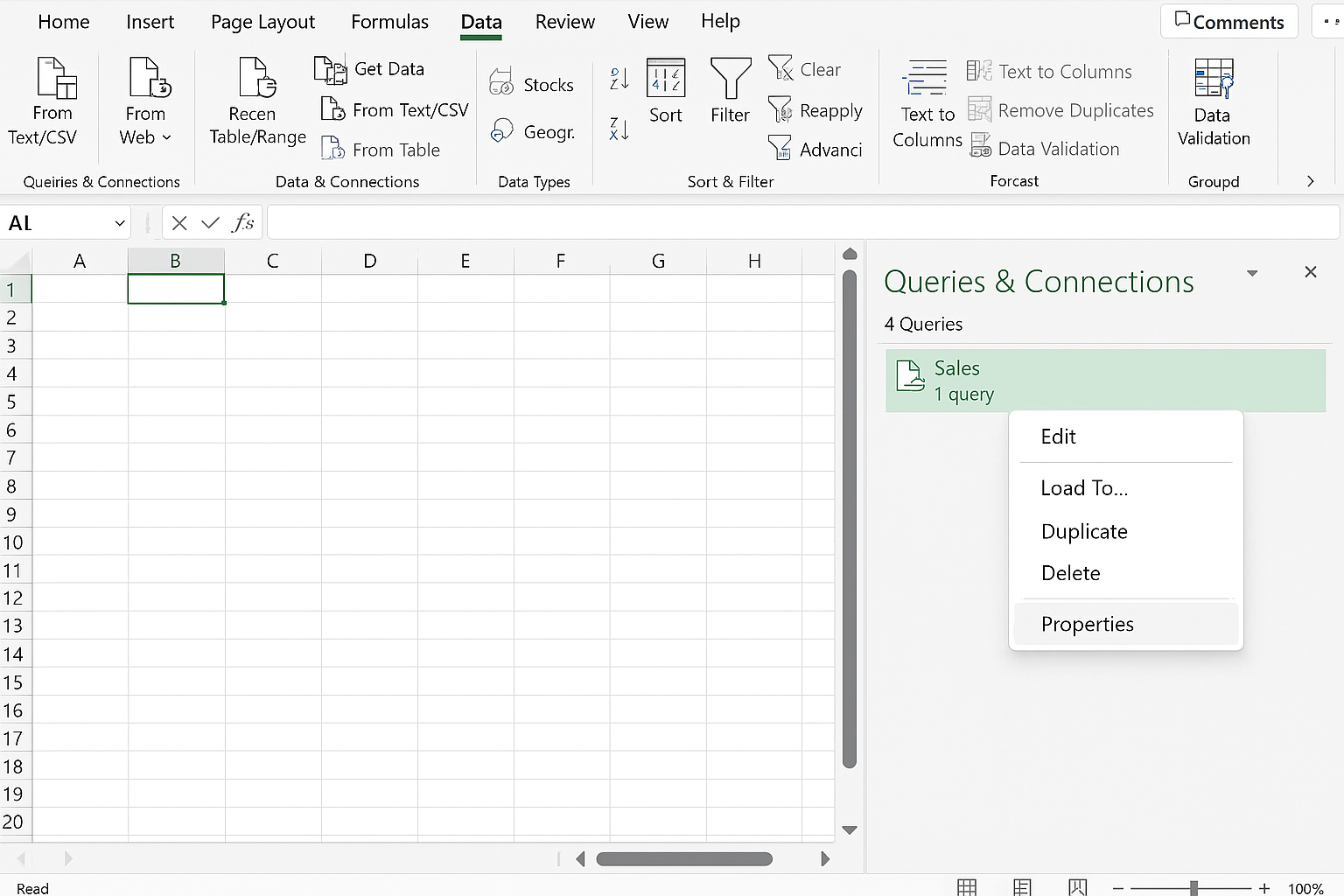 Excel Queries & Connections pane open with a query right-clicked and Properties option highlighted