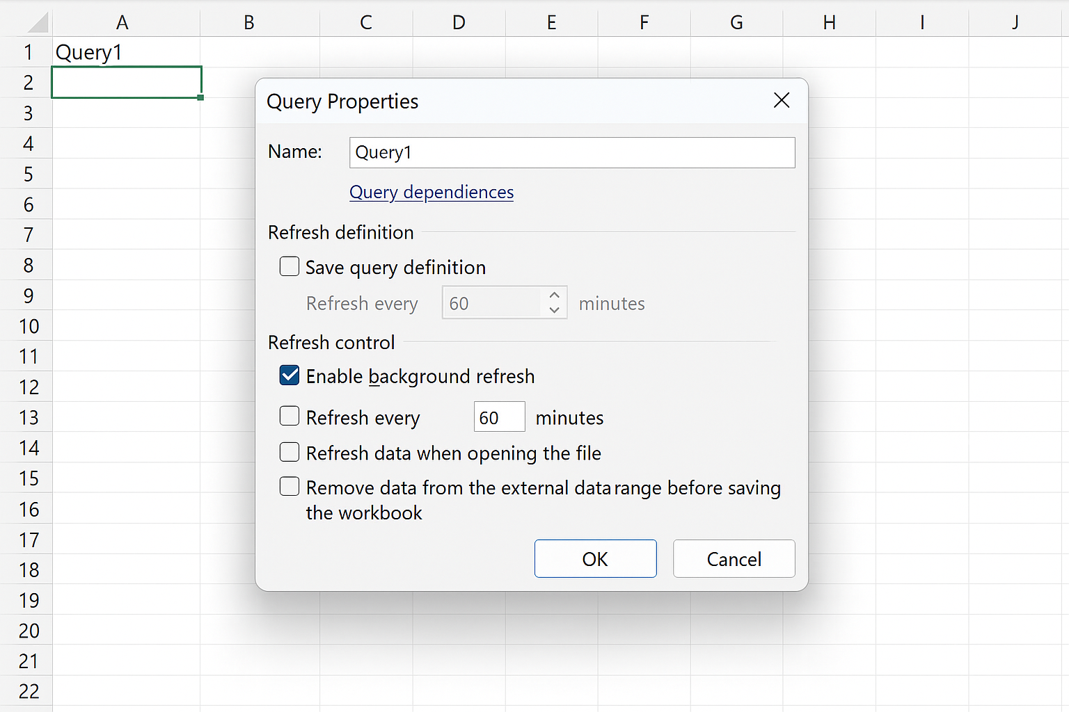 Query Properties dialog box open with Enable background refresh checkbox checked