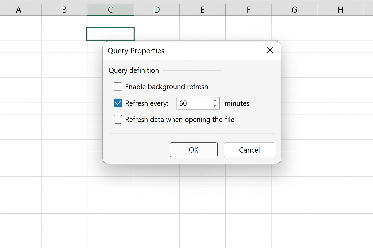 Query Properties dialog box with Refresh every option checked and interval set to 60 minutes