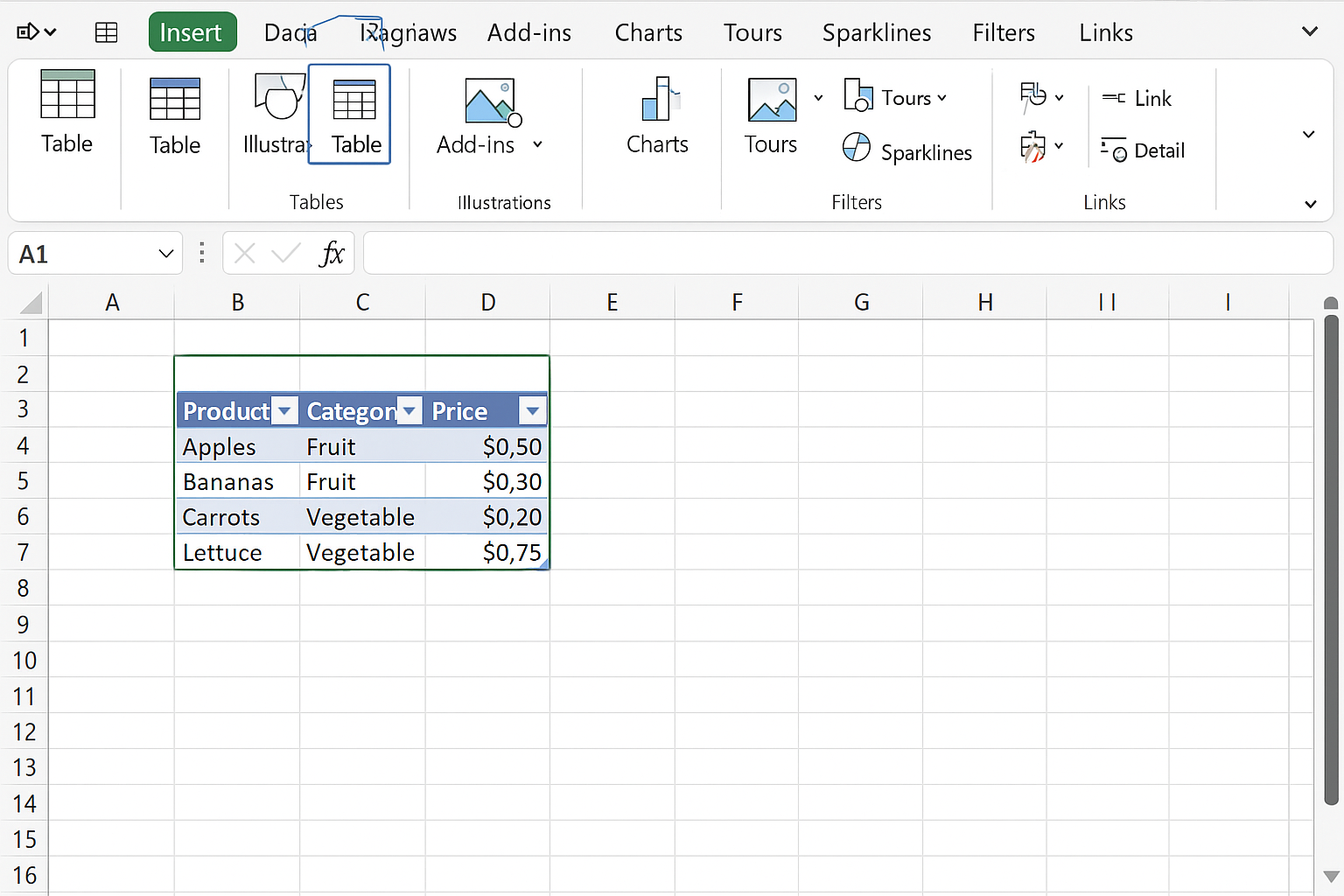 Excel worksheet showing data range converted into an Excel Table with headers