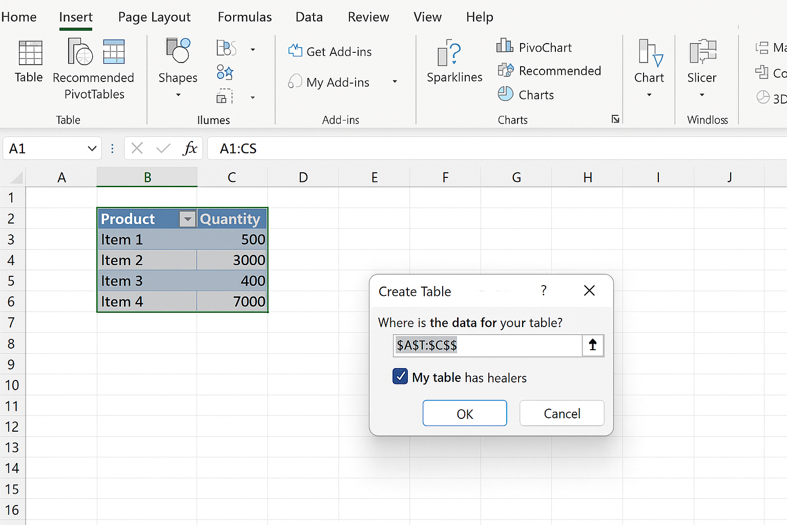Excel worksheet with data range converted into an Excel Table with headers