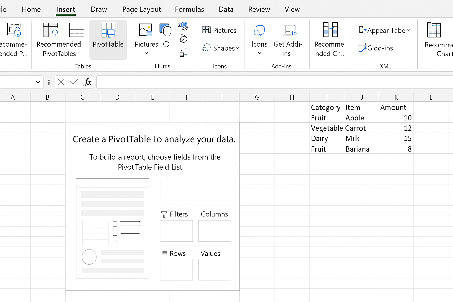 Excel worksheet with a newly created PivotTable placed in a new worksheet