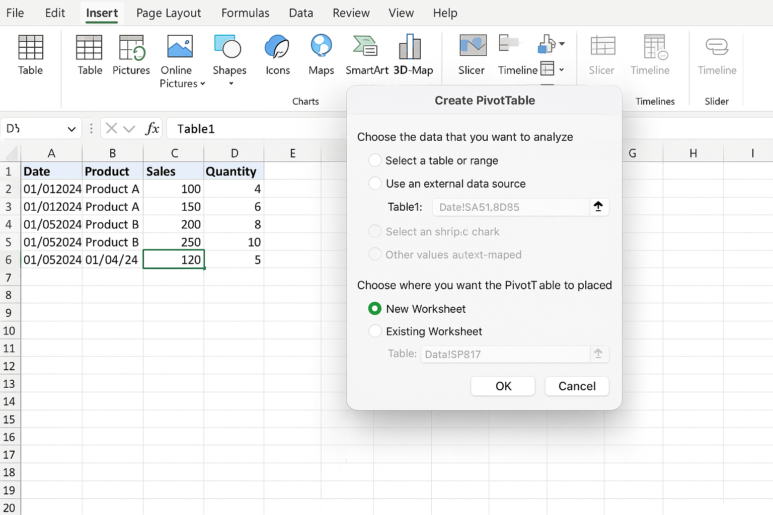 Excel showing the Insert PivotTable dialog with option to place pivot table in new worksheet