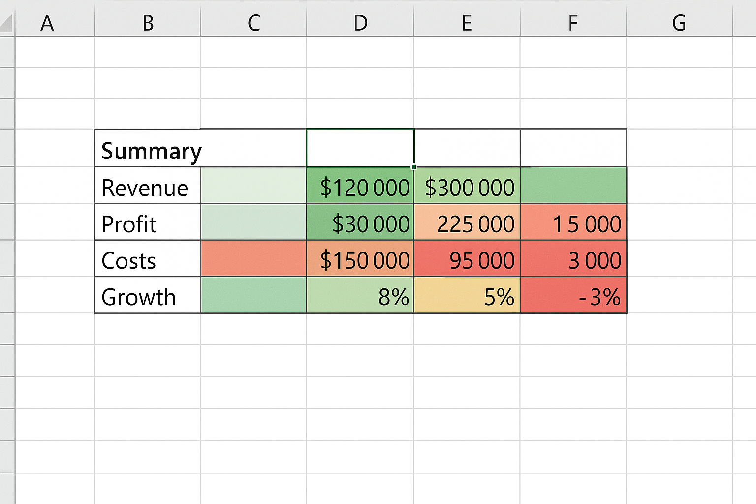 Excel worksheet showing a summary table with conditional formatting highlighting key performance indicators