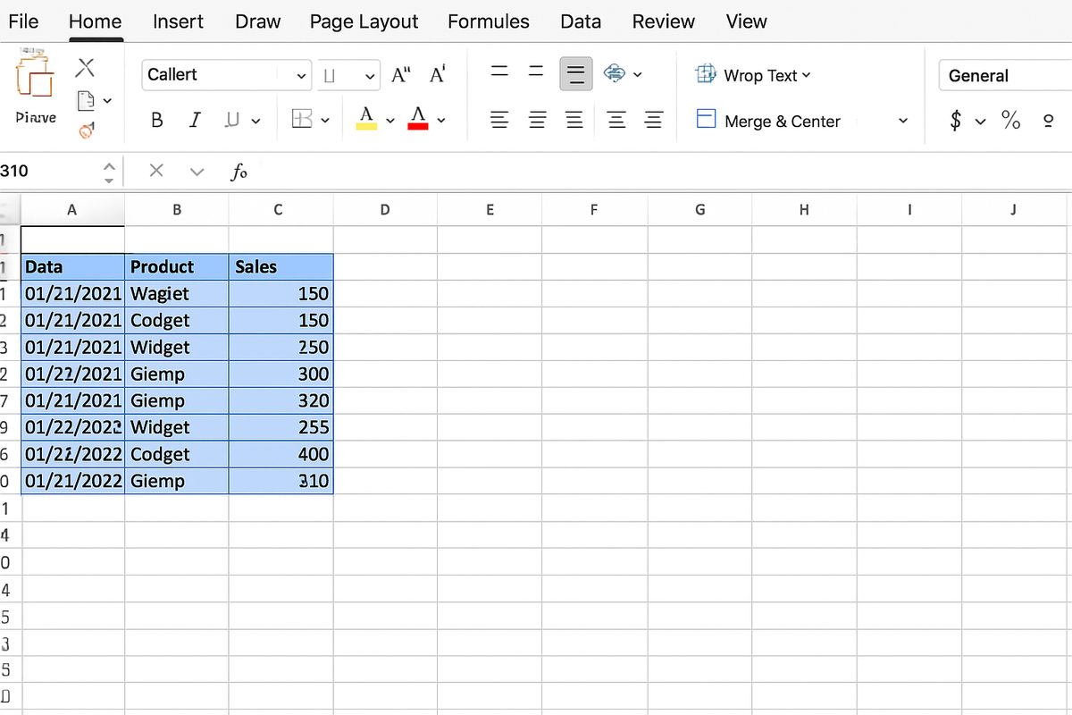 Excel worksheet with data table selected, showing highlighted data range