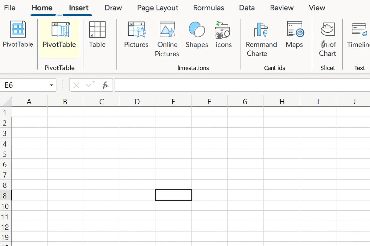 Excel Insert tab open with PivotTable button highlighted