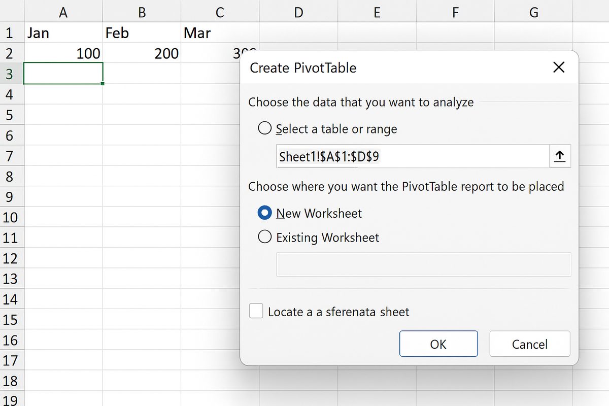 Create PivotTable dialog box open with data range confirmed and new worksheet selected
