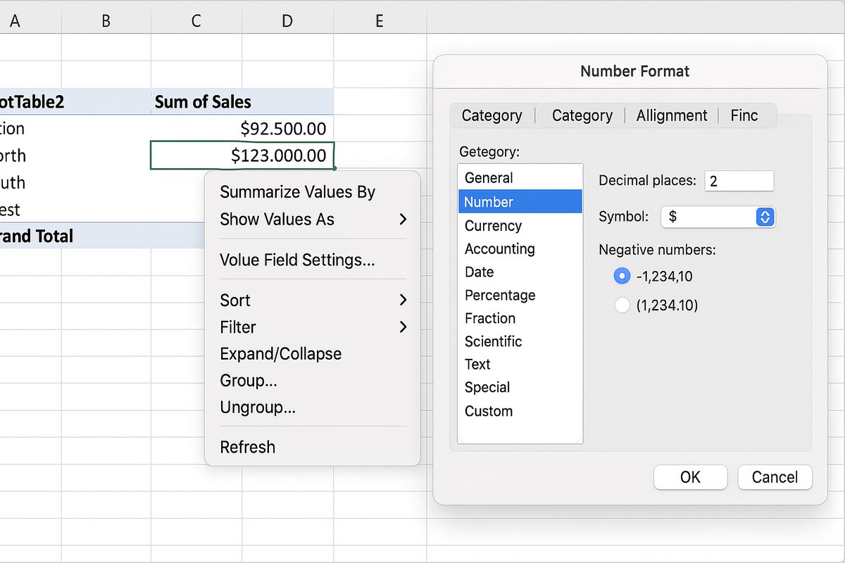 Number Format dialog open showing Currency format applied to pivot table values