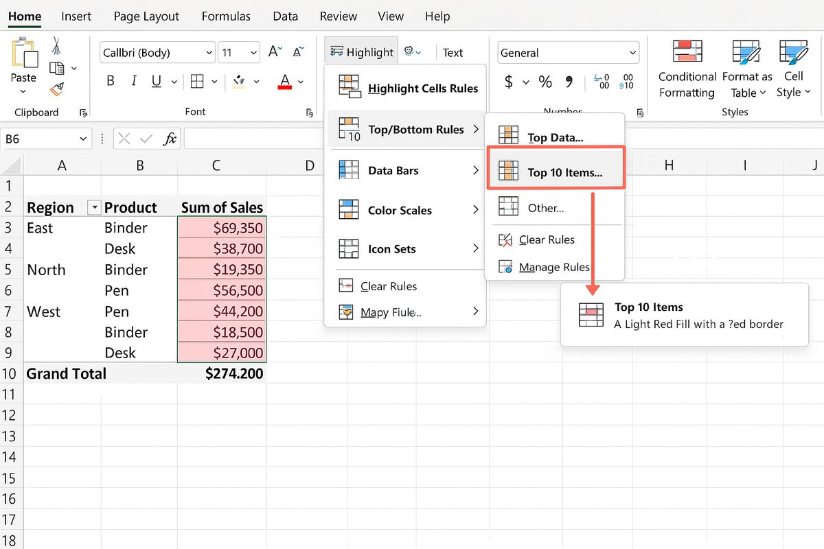 Pivot table with top 10 sales values highlighted using conditional formatting