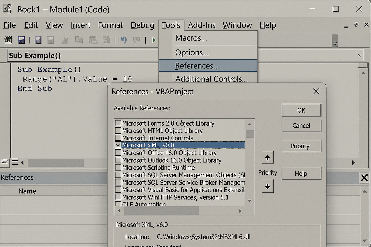 VBA editor with Tools > References dialog open and Microsoft XML, v6.0 library checked” loading=”lazy” /><figcaption>VBA editor with Tools > References dialog open and Microsoft XML, v6.0 library checked</figcaption></figure>
<h3>2. Writing the VBA Code to Perform a GET Request</h3>
<p>Below is an example of calling a simple public API that returns JSON data. We’ll use the JSON Placeholder API for demonstration, which simulates typical API responses.</p>
<pre>Sub GetAPIData()
    Dim httpRequest As MSXML2.XMLHTTP60
    Dim url As String
    Dim jsonResponse As String

    url = 
