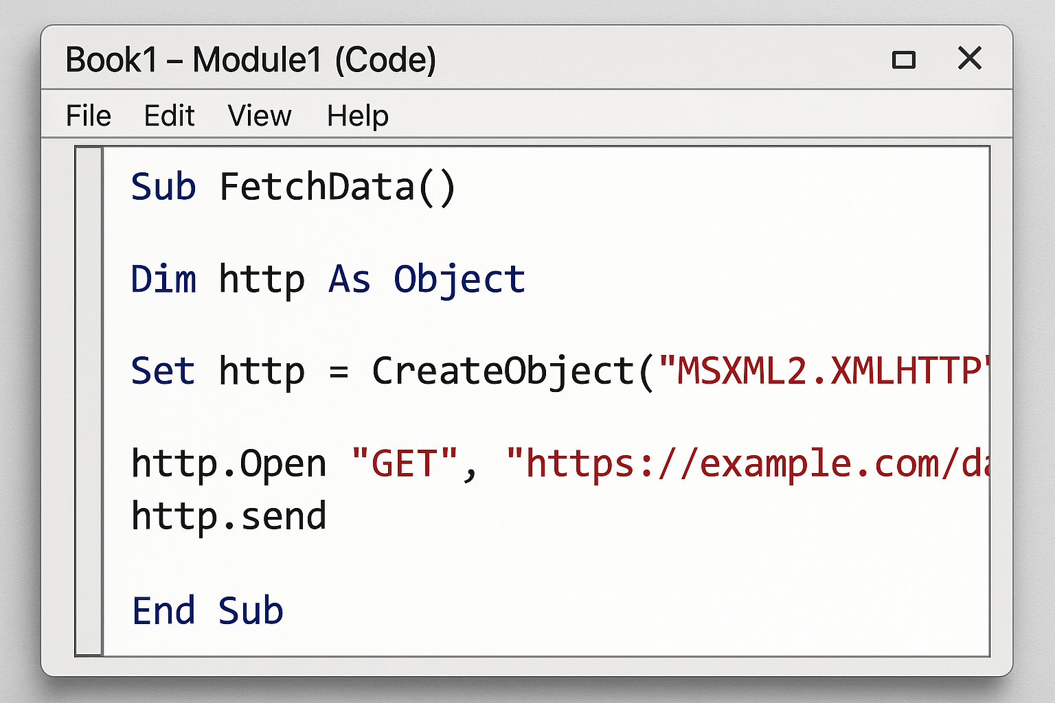 VBA code snippet showing HTTP GET request being opened and sent
