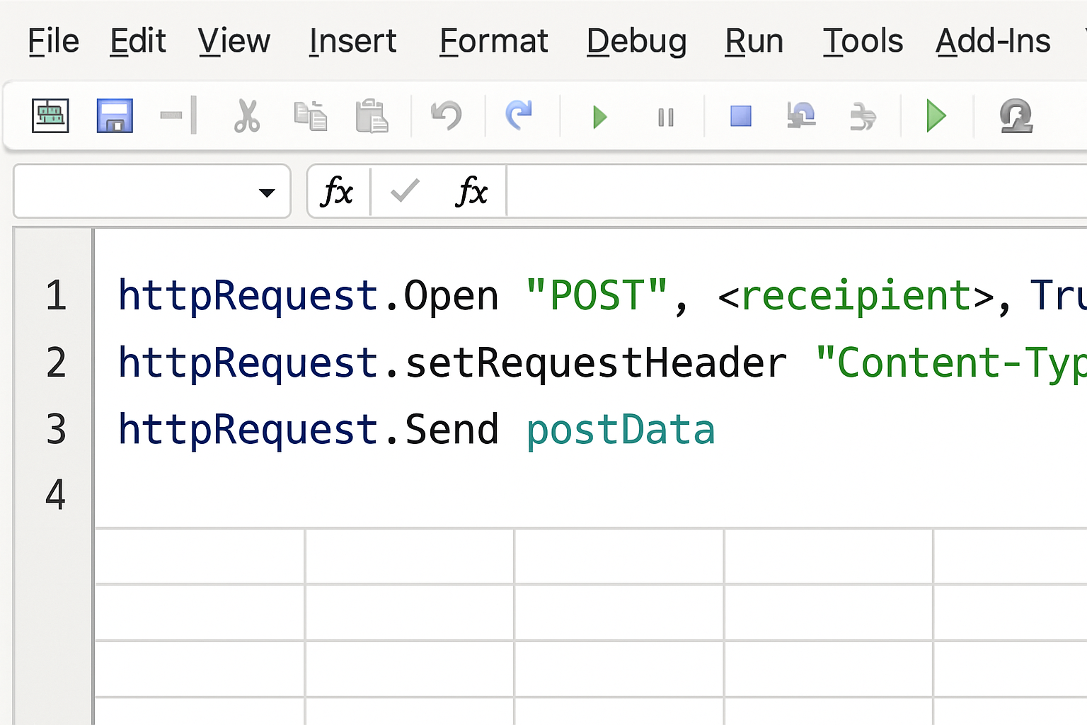 VBA code snippet performing an HTTP POST request with JSON content type and sending JSON payload