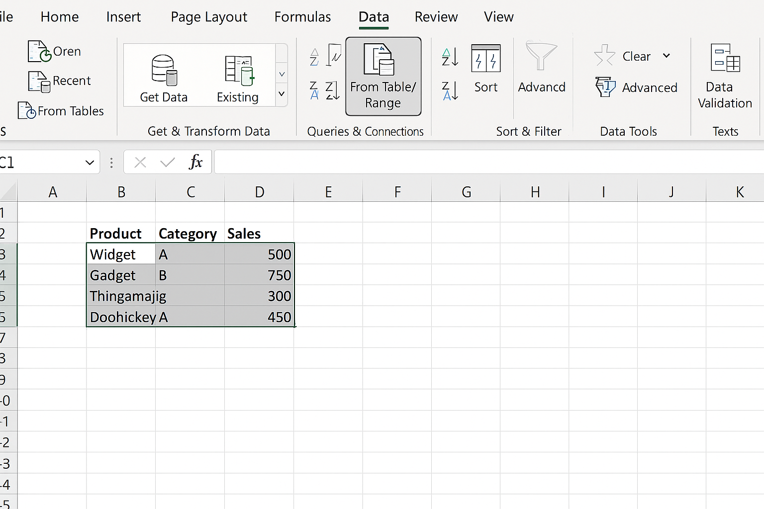 Excel worksheet with data range selected and From Table/Range option highlighted in the Data tab