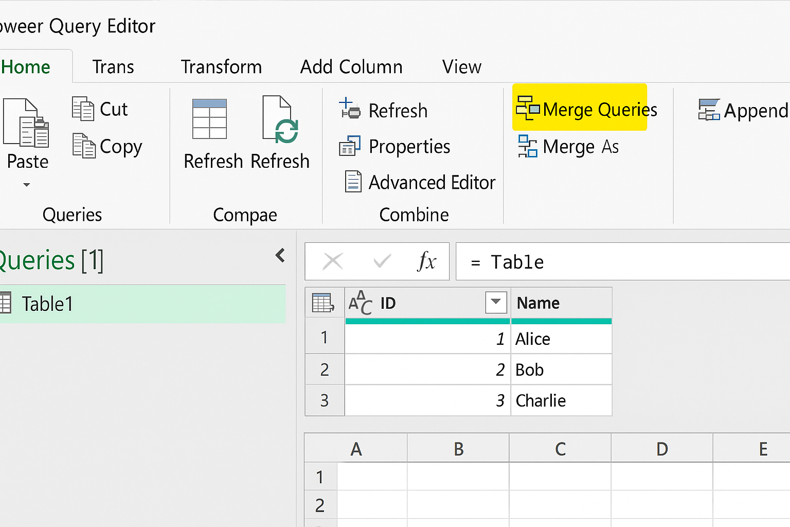 Power Query Editor window with a query selected and the Merge Queries button highlighted on the Home tab
