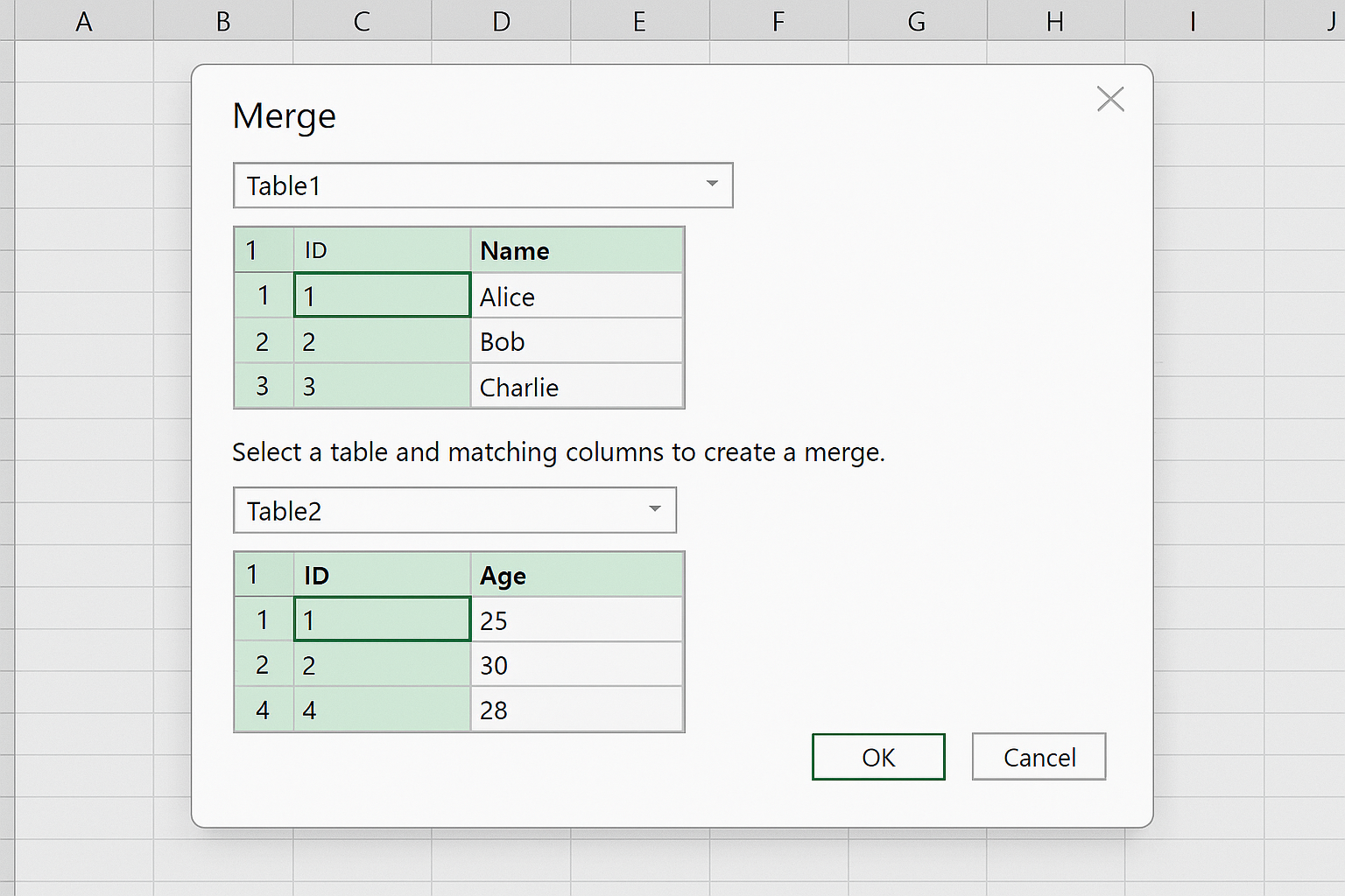 Power Query Merge dialog showing two tables selected with matching columns highlighted