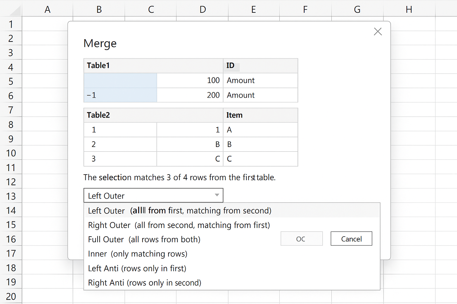 Power Query Merge dialog with join type dropdown open showing different join options