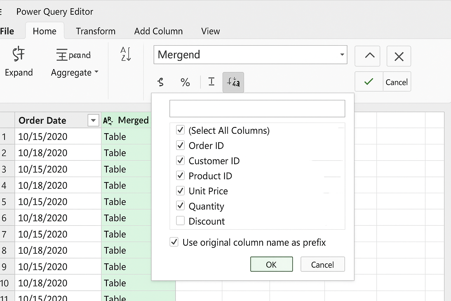 Power Query Editor showing merged column with expand icon clicked and column selection dropdown visible