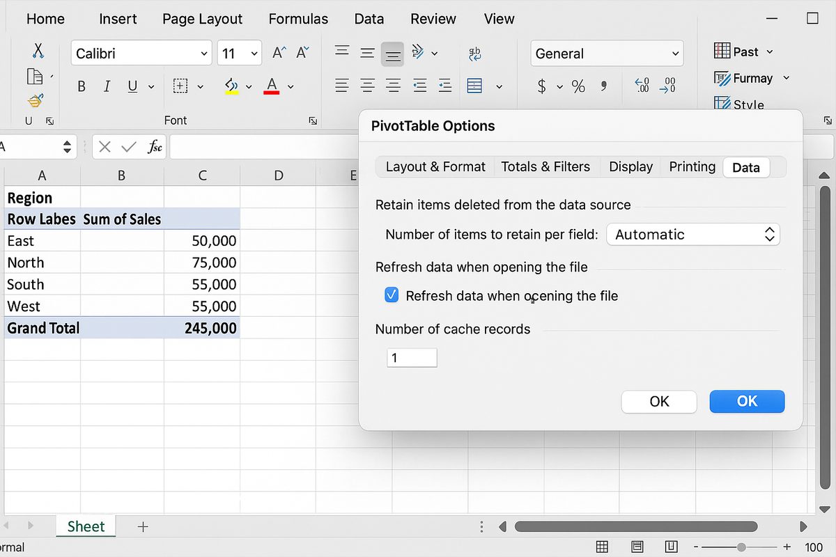 PivotTable Options dialog box with Data tab selected and Refresh data when opening the file checkbox checked