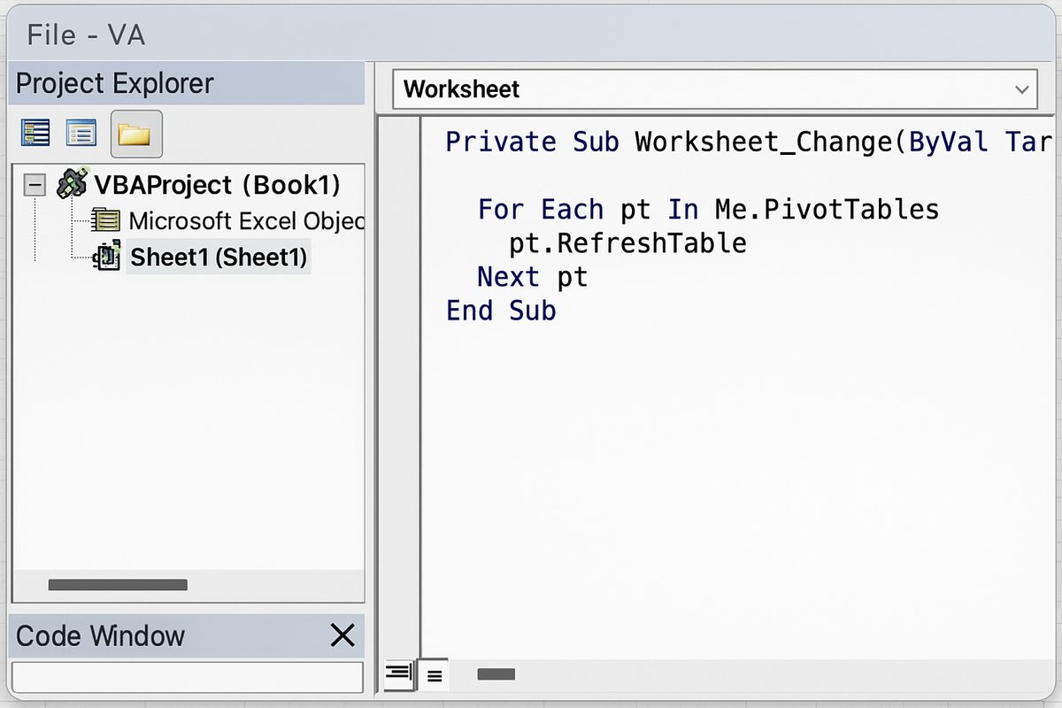 VBA editor open with the Worksheet_Change event code pasted in the code window for the data source worksheet