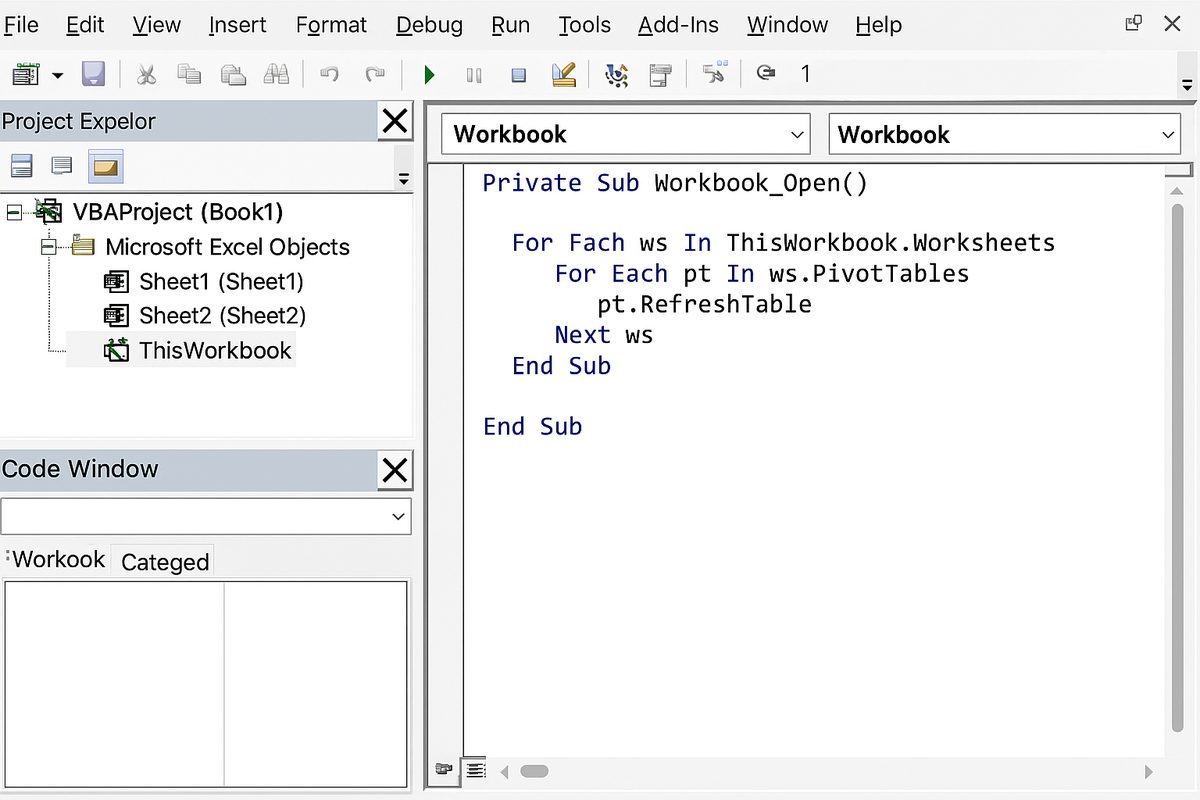 VBA editor showing the ThisWorkbook code window with Workbook_Open event code to refresh all pivot tables