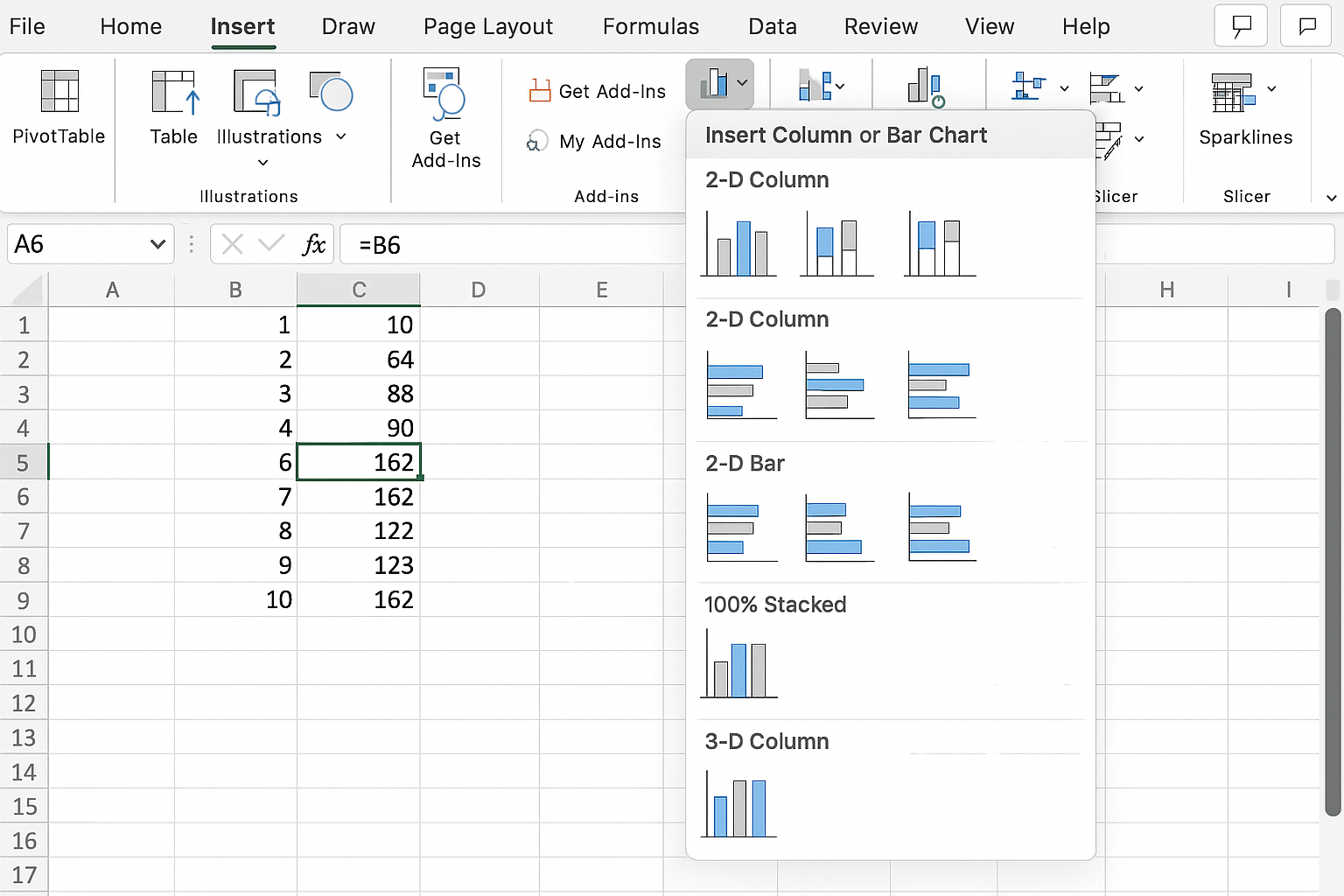 Insert Column or Bar Chart dropdown menu open with chart style options