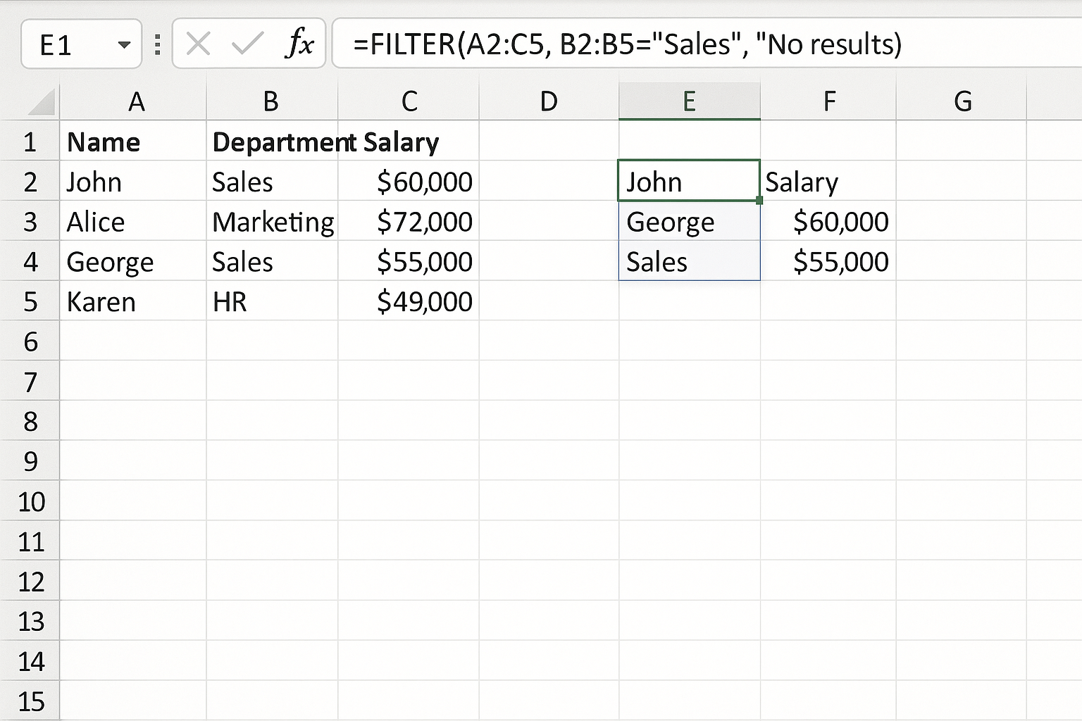 Excel worksheet showing FILTER formula extracting employees from Sales department