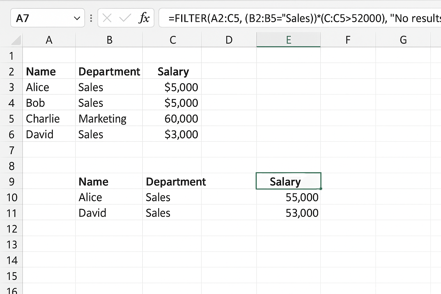 Excel worksheet showing FILTER formula with multiple criteria filtering Sales employees with salary over 52000