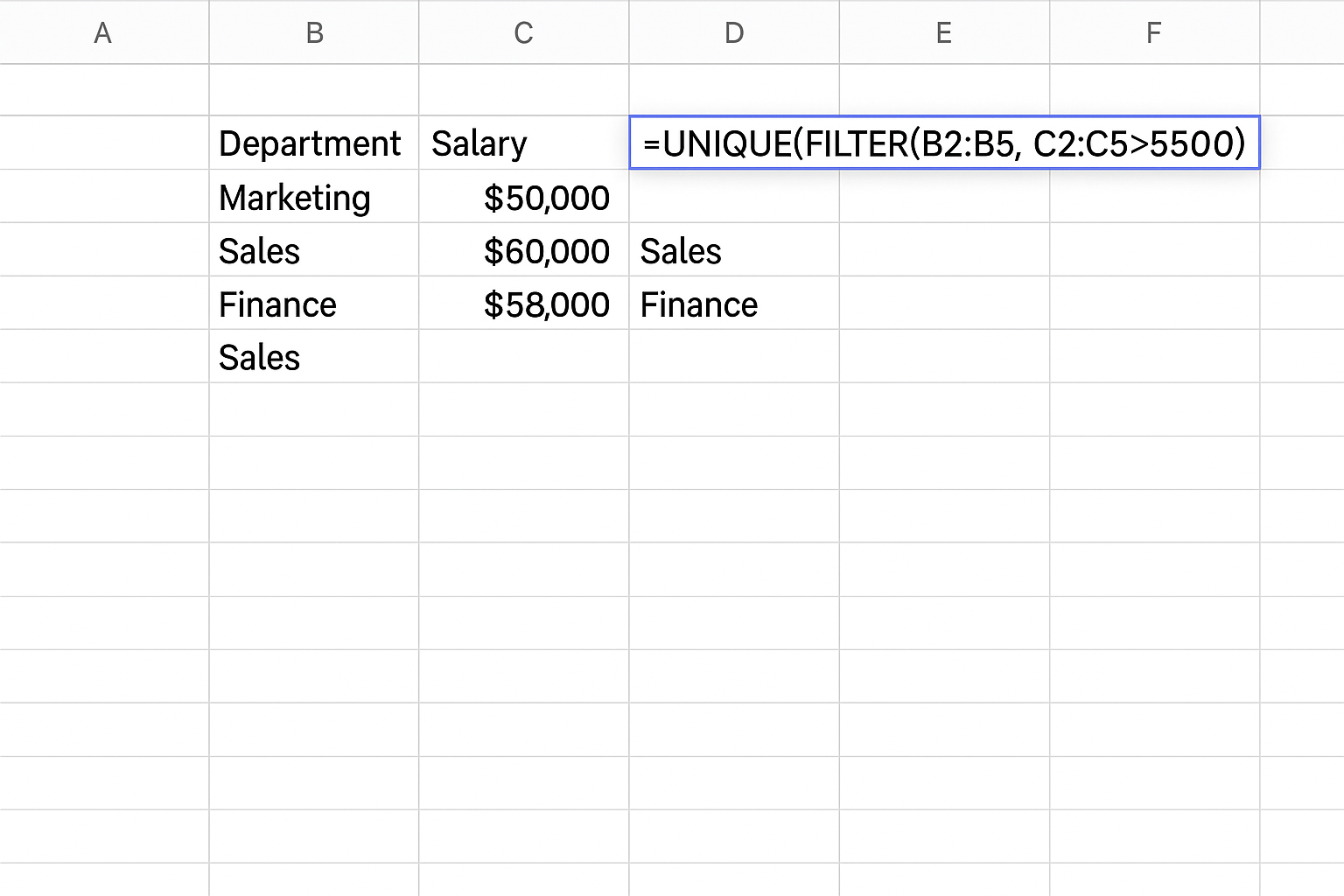 Excel worksheet showing combined FILTER and UNIQUE functions extracting unique departments with salaries greater than 55000
